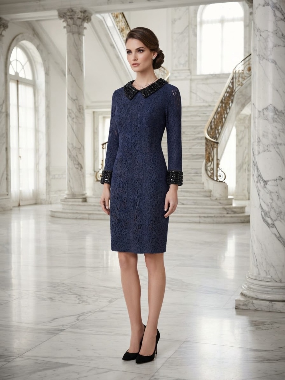 Signature by Sangria Navy Lace Long Sleeve Sheath Dress with Beaded Collar